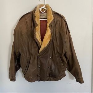 Vintage Oversized Leather Bomber Jacket Shearling Brown size X-Large